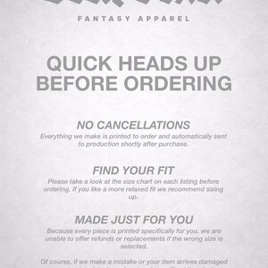 The image is a page from a fantasy apparel store's catalog, featuring a section titled "Quick Heads Up Before Ordering".