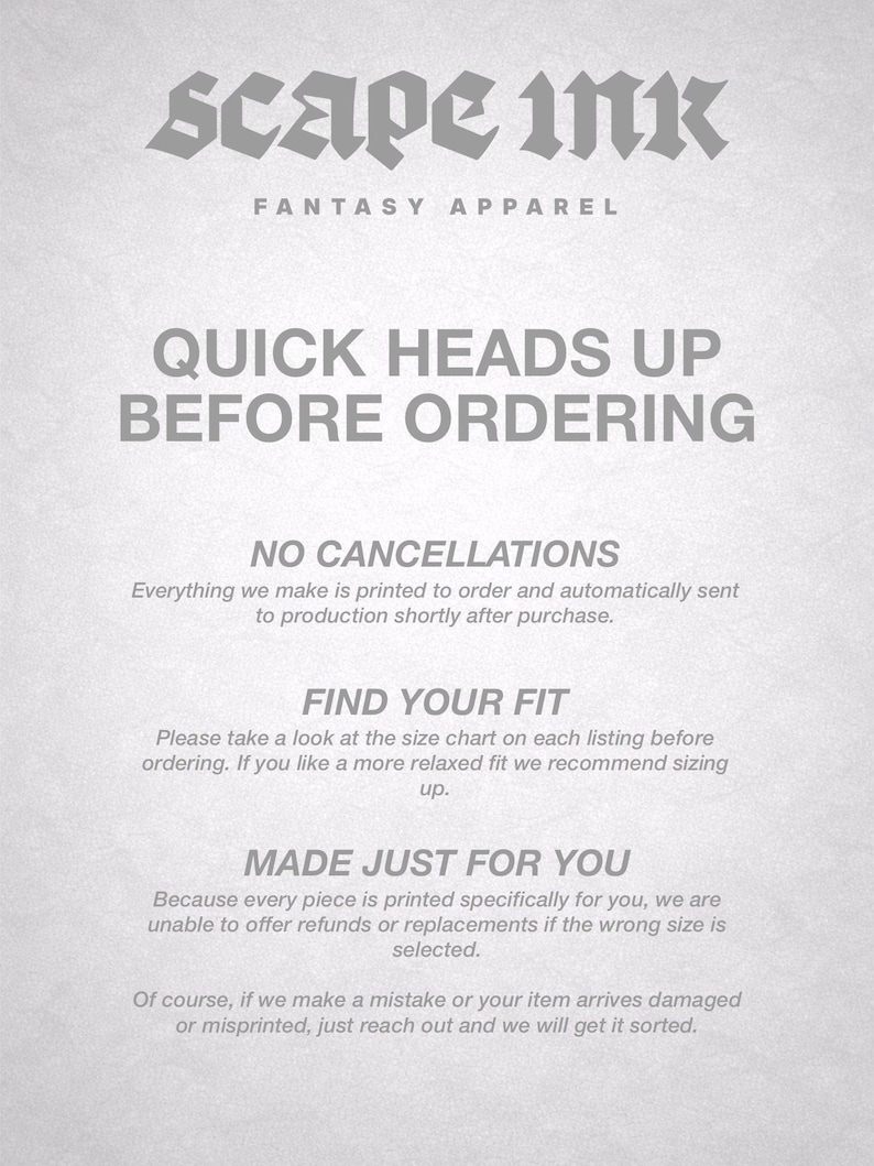 The image is a page from a fantasy apparel store's catalog, featuring a section titled "Quick Heads Up Before Ordering".