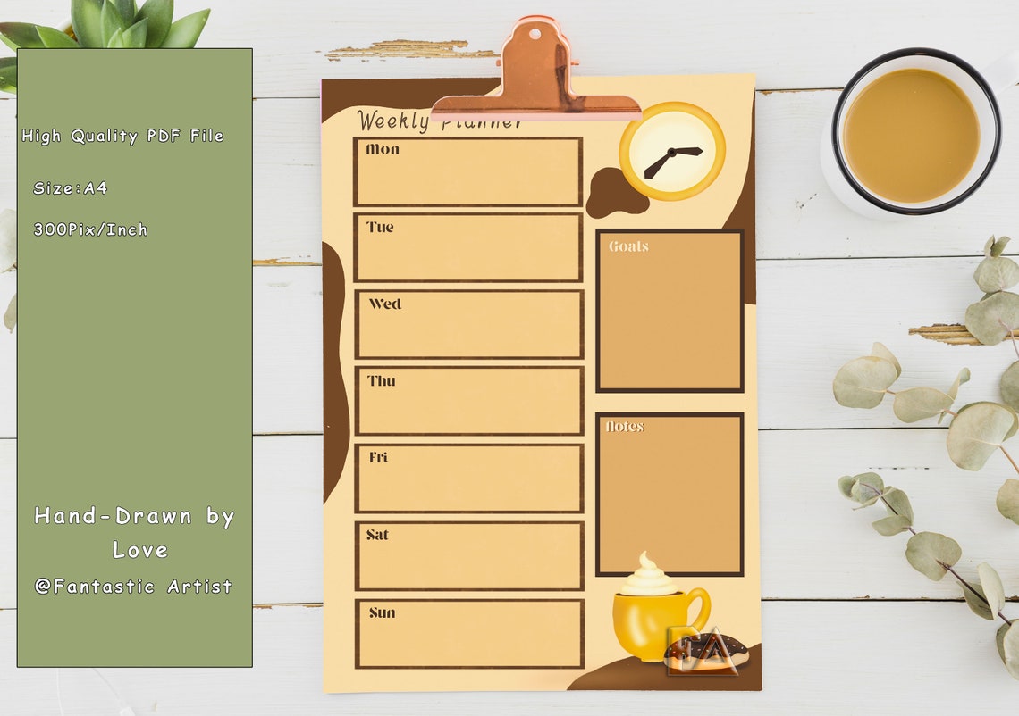 Coffee Lover's Printable Planner Brown Weekly Scheduler Espresso Cup
