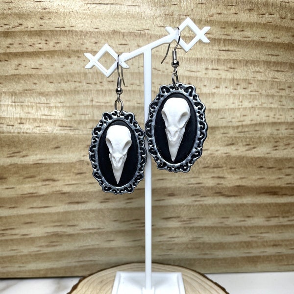 Raven Skull Earring | Bird Skull Earring | Framed Earring | Gothic Victorian | Cameo | Clay Earring | Polymer | Vintage | Lightweight Dangle