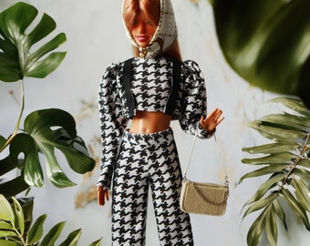 Dogtooth set: crop top + cardigan + flared pants + headscarf - Poppy Parker/Fashion Royalty/ Nu Face/ 12&quot; doll clothes
