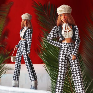 Dogtooth set: crop top + cardigan + flared pants - Poppy Parker/Fashion Royalty/ Nu Face/ 12&quot; doll clothes