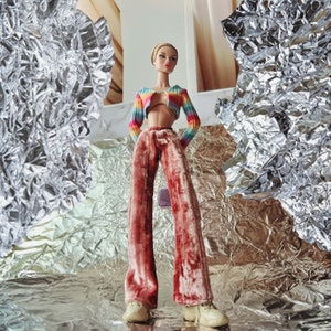 Rainbow crop cardigan + pink velvet pants  - Poppy Parker/Fashion Royalty/ Nu Face/ 12&quot; doll clothes