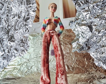 Rainbow crop cardigan + pink velvet pants  - Poppy Parker/Fashion Royalty/ Nu Face/ 12&quot; doll clothes