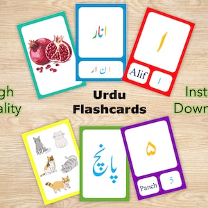 Urdu Alfabet Flashcards voor kinderen, Urdu Alfabet Flashcards met illustraties, Eerste stap om Urdu te leren, Urdu Leeractiviteit Flashcards
