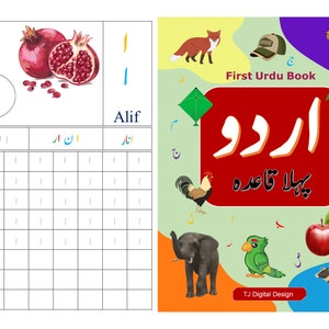 Może przedstawiać: Kolorowa ilustracja litery alfabetu urdu 'Alif' z granatem, siatką do ćwiczenia pisania litery oraz stroną z książki dla dzieci zatytułowanej 'First Urdu Book' ze słowem 'اردو' w kolorze czerwonym.