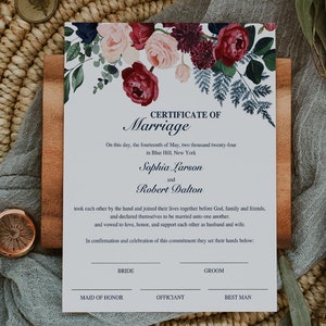 Certificado de matrimonio floral, certificado de matrimonio editable como recuerdo, letrero de votos matrimoniales imprimible, certificado de boda con flores, terciopelo