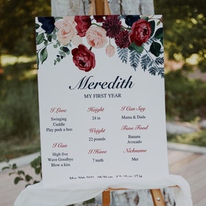 Modelo de placa de marco de chá de bebê floral, decoração de chá de bebê editável, placa de marco de primeiro aniversário para impressão, placa de boas-vindas personalizada, veludo