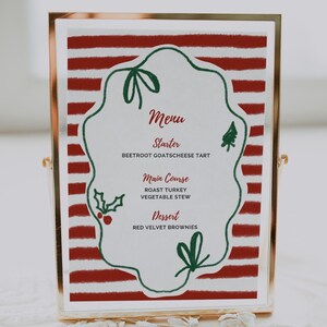 Edytowalne Retro Menu Kolacji Bożonarodzeniowej, Dostosowywalny Szablon Menu Kolacji Bożonarodzeniowej, Fantazyjne Świąteczne Menu Przyjęcia, Menu Uczty Bow