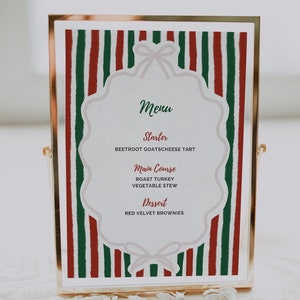 Edytowalne Retro Menu Kolacji Bożonarodzeniowej, Dostosowywalny Szablon Menu Kolacji Bożonarodzeniowej, Fantazyjne Świąteczne Menu Przyjęcia, Menu Uczty Bow