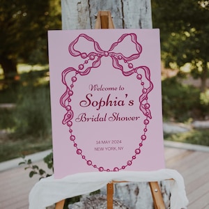 Cartello di benvenuto stravagante per addio al nubilato, cartello di benvenuto modificabile Coquette, cartello di benvenuto stampabile per baby shower, cartello di benvenuto con fiocco, rosa vintage