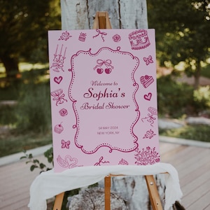 Cartello di benvenuto stravagante per addio al nubilato, cartello di benvenuto modificabile Coquette, cartello di benvenuto stampabile per baby shower, cartello di benvenuto con fiocco, rosa vintage