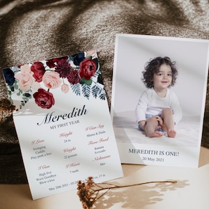 Modèle de carte florale étape importante, décoration de douche modifiable, carte d'étape importante à imprimer pour l'anniversaire de bébé, année des premiers, baby shower de fleurs, velours