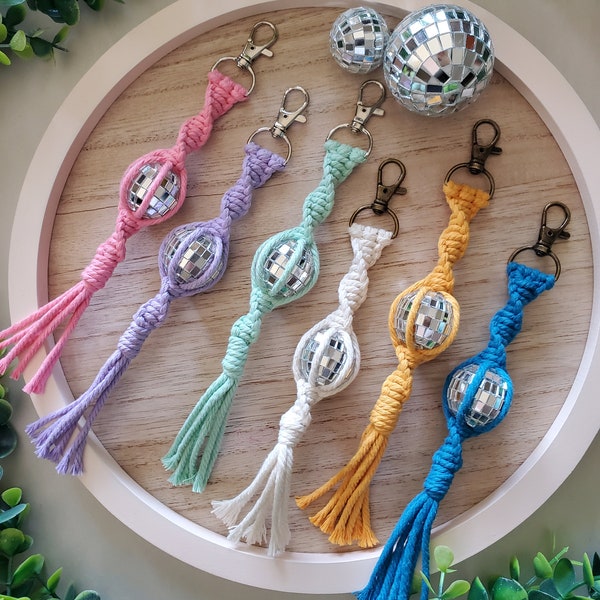 Macrame Disco Ball Keychain | Colorful/Fun Car Accessory | Boho Chic Keychain | Small Mirrorball Keychain | Gifts for Her | Multiple Colors