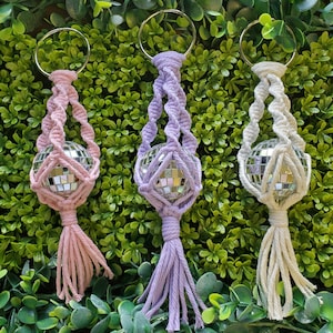 Macrame Disco Ball Car Charm: Recycled Cotton Mirror Ball Hanger