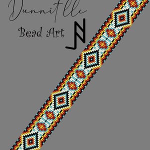 May include: A beaded artwork with a geometric pattern. The design features repeating diamond shapes in black, white, turquoise, orange, and yellow. The text "Dunnitlle Bead Art" is at the top left. The website address is at the bottom.