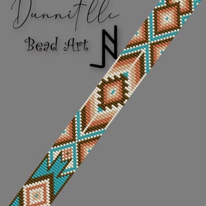 May include: A beaded bracelet with a geometric pattern in shades of brown, peach, and turquoise. The bracelet is made with seed beads and has a repeating pattern of diamonds and squares. The text "Dunnitle Bead Art" is visible in the top left corner of the image.