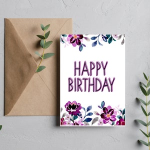 Cartão Feliz Aniversário de Aquarela de Flores Roxas Requintadas