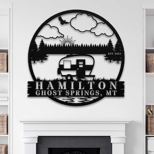 Custom Camper & Trees Metal Sign - Personalized RV Outdoor Decor, Rustic Camping Wall Art, Unique Gift for Campers, Durable Adventure Sign