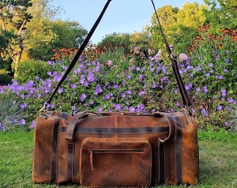 Genuine Leather Full Grain Handmade Duffel Bag-Weekender Overnight Travel Carry-on Luggage Gym Bag w/ Zip & Shoulder Strap HEAVY DUTY Size L