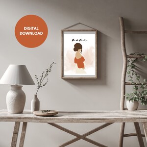 Digital Download Print MOTHER&#39;S DAY GIFT Pregnancy, pregnant, mama to be Cute pregnant lady with a bun  Various Print Sizes