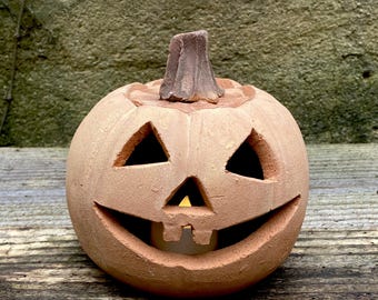 CERAMIC JACK 0 LANTERN #2 terracotta Halloween pumpkin - wheel thrown - hand carved - red clay -Halloween decor - one of a kind