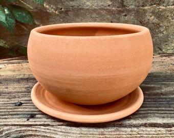 CLAY FLOWER POT #100 terra cotta planter with saucer - wheel thrown pots for plants - handmade - unglazed clay - one of a kind
