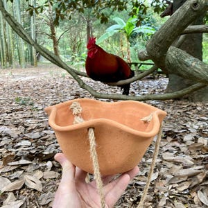 May include: A terracotta hanging planter with a wavy, scalloped rim and a textured, matte finish. The bowl-shaped vessel features three evenly spaced holes along the upper edge, through which thick, natural-colored jute rope is threaded for suspension.