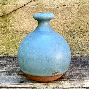Può includere: Un piccolo vaso in ceramica rotondo con collo stretto e bordo svasato. Il corpo del vaso presenta una smaltatura azzurra screziata, mentre la base è realizzata in argilla color marrone rossastro non smaltata, con una forma liscia.