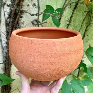 Puede incluir: Un cuenco de arcilla de color terracota con una superficie texturizada y porosa. El cuenco presenta una abertura ancha y un cuerpo esférico curvado, mostrando el acabado natural y terroso del material de arcilla cocida en una forma simple.