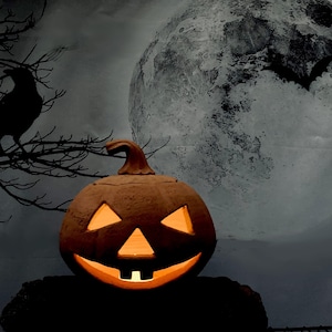May include: A carved orange pumpkin jack-o'-lantern with triangular eyes and a wide, toothy grin. The pumpkin is illuminated from within, casting a warm orange glow against a dark, moody backdrop featuring a large full moon, a silhouette of a crow.