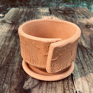 SMALL TERRACOTTA PLANTER #118 cactus pot - terra cotta clay flower pot with saucer - succulent - handmade decorative planter - unique