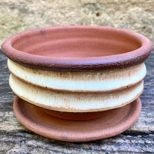 May include: A round terracotta planter with a matching saucer. The exterior features a wide, horizontal band of off-white glaze that contrasts with the natural reddish-brown clay. The rim is finished with a dark brown, textured glaze.