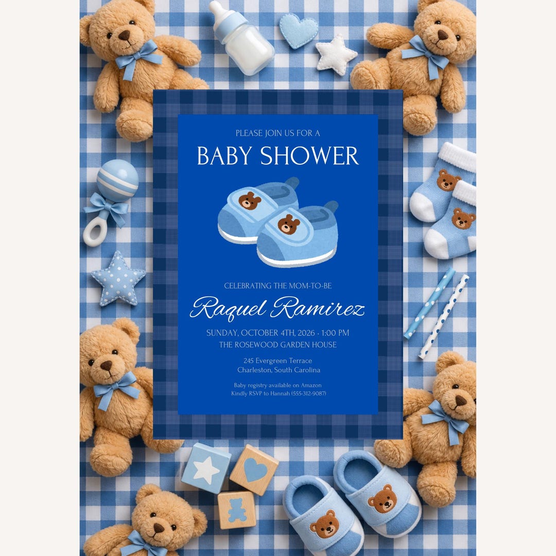 Baby Shower Invitation Canva Template, Editable Teddy Bear Blue Gingham ...
