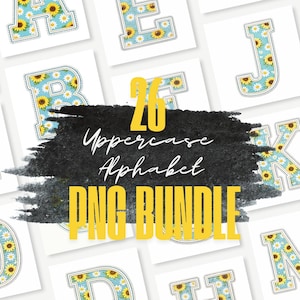Peut inclure: Ensemble de 26 lettres de l'alphabet majuscules, chacune avec un motif de tournesol sur fond bleu clair. Les lettres sont bordées d'une bordure décorative et sont présentées sur des cartes blanches individuelles. Le texte "26 Uppercase Alphabet PNG BUNDLE" est inclus.