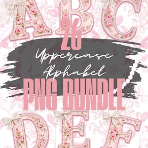 26 Pink Floral Alphabet PNG Bundle, Coquette Monogram Letters, Pearl Trim Clipart Set, Lace Bow Initials, Canva Link PDF