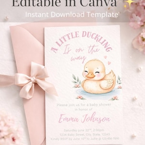 May include: A baby shower invitation featuring a watercolor illustration of a yellow duckling in a pond. The invitation is pink and includes the text "A Little Duckling Is on the Way" and event details. The invitation is accompanied by a pink envelope and a ribbon.