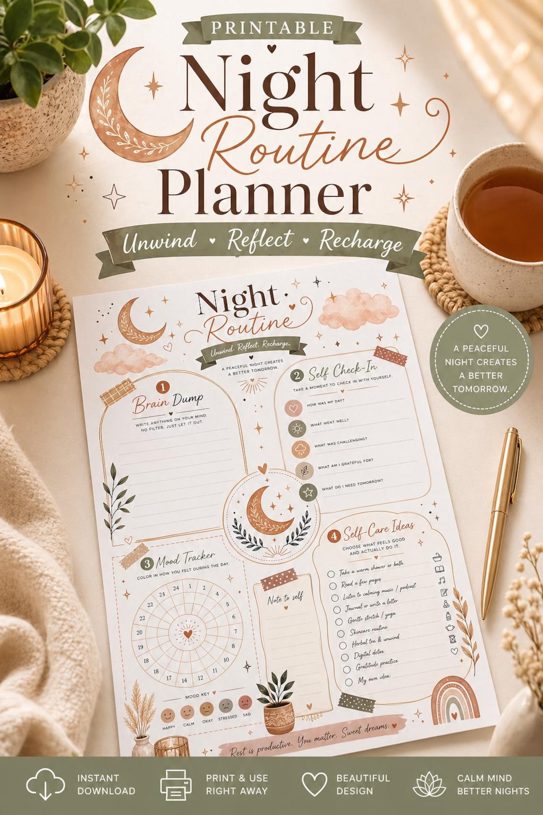 Night Routine Planner Printable, Boho Daily Planner Page, Self Care ...