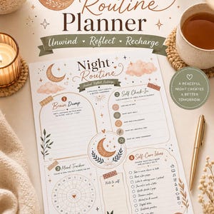 Op de afbeelding: Printbare Nachtroutine Planner met een maan- en sterrenontwerp. De planner bevat secties voor een brain dump, zelfcontrole, mood tracker en zelfzorgideeën. Het kleurenschema is zacht met bruine, beige en gouden accenten.