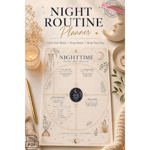 以下が含まれることがあります： 「NIGHT ROUTINE Planner」というタイトルが筆記体で書かれたナイトルーティンプランナー。 To-Doリスト、アファメーション、気分追跡、ブレインダンプのセクションが含まれています。 デザインは、天体と植物のイラストが特徴です。