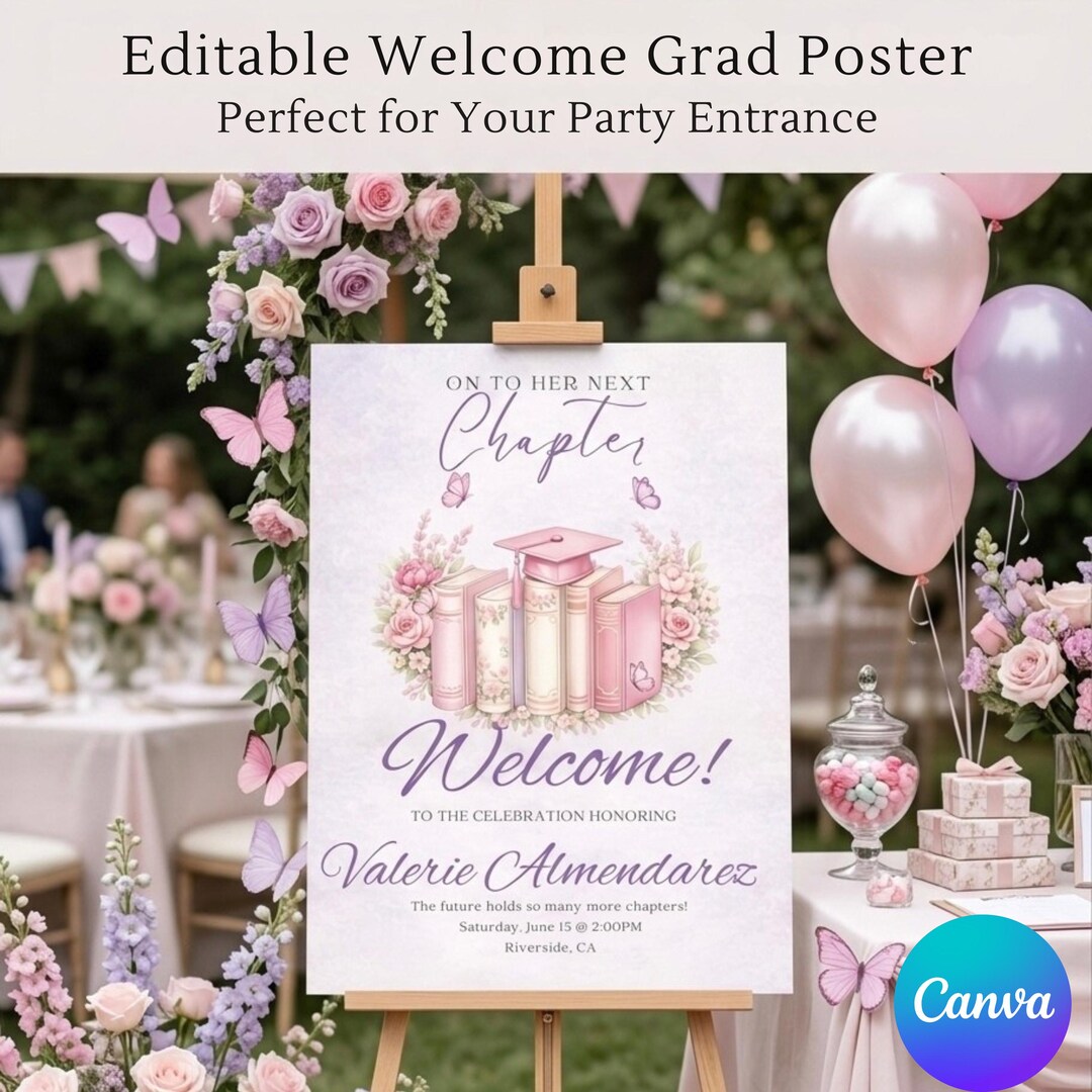 Graduation Welcome Sign, Next Chapter Poster, Floral Books Theme, Pink ...