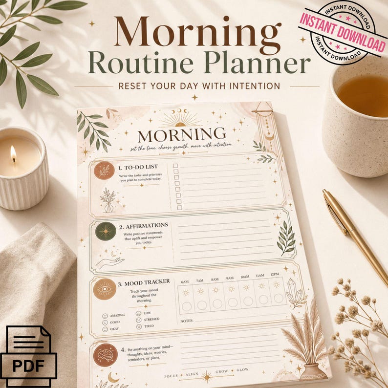 Mourning Routine Intentions Worksheet Morning Routine Planner Printable, Daily Reset Checklist, Mood Tracker ...