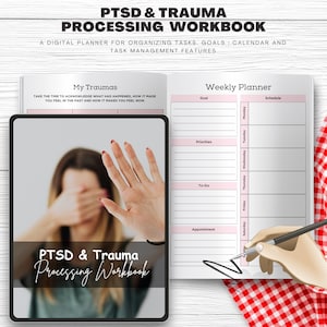 May include: A digital PTSD & Trauma Processing Workbook with a weekly planner layout. The workbook includes sections for goals, priorities, and to-do lists. The cover features the text "PTSD & Trauma Processing Workbook".