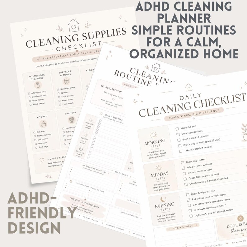 ADHD Cleaning Planner Bundle, Printable Home Checklist, Declutter Guide