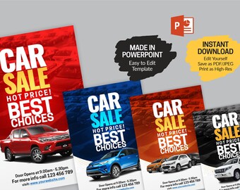 Sofort bearbeitbare PDF- und Powerline-Vorlage für den Autoverkauf, erhältlich in vier verschiedenen Designs (A4, A3 und A2)