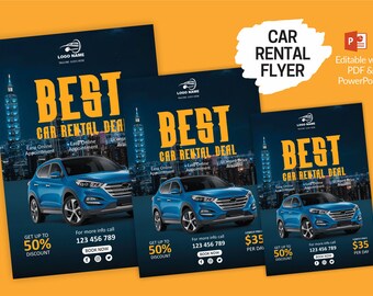 Car Rent Instant bearbeitbare PDF- und Powerline-Vorlage für Printabale und digitale Flyer, verfügbar in den Größen A4, A3 und A2.