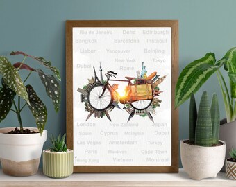 Reise Fahrrad digitales Kunst Poster, Sofortiger Download digitales Poster für Wanddekor, Wand-Kunst-Druck Poster - 4 verschiedene hochauflösende Größen