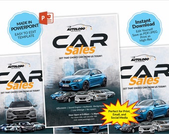 Sofortig bearbeitbare PDF- und Powerline-Auto-Verkauf-Flyervorlage 2023, erhältlich in den Größen A4, A3 und A2.