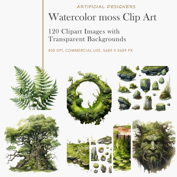 120x Watercolor moss clipart mossy rocks, trolls and stumps botanical transparent background PNG download for commercial use