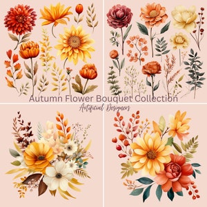 30 Aquarell Herbst Blumensträuße Clipart, Herbst Floral Cosmos, Dahlie,Gerbera, Kürbis, Herbstmotiv, transparenter Hintergrund, gewerblich